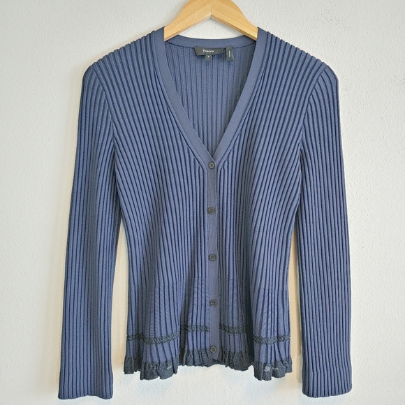Theory Sweaters - Theory Women's Ottoman Stitch Ribbed Cardigan Sz S Career Office Ruffle